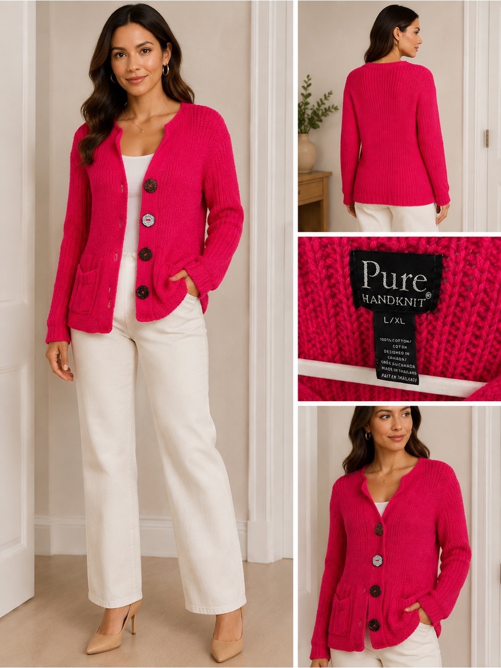 Pure Handknit Women's Hot Pink Button Cardigan L/XL